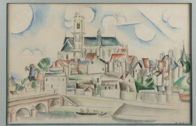 a picture of a painting of a town with a boat in the water