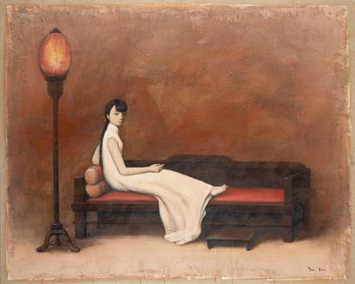 tableau représentant une femme en robe blanche assise sur un banc rouge