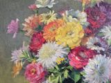 an oil painting of a basket of flowers on a table