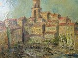 an oil painting of a view of a city with a boat in the foreground