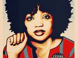 a painting of a woman with an afro holding her hand up