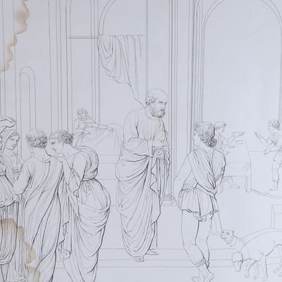 un dessin représentant un groupe de personnes debout dans une pièce