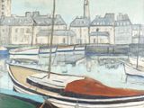 une peinture de bateaux dans un port avec des bâtiments à l'arrière-plan