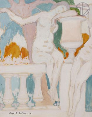 an image of a painting of a woman sitting on a balcony