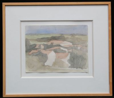 aquarelle encadrée représentant un paysage traversé par une rivière