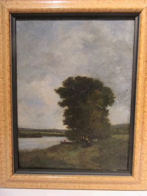 painting of a landscape with a river and trees in the foreground