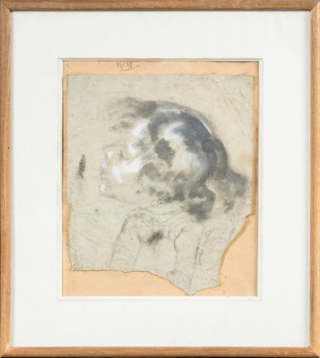 an image of a drawing of a woman ' s head with clouds in the background