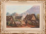 an oil painting of a village scene with a horse drawn carriage