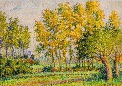 an image of a painting of a field with trees in the background