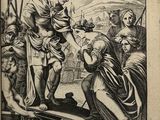 un vieux livre sur lequel figure le dessin d'un homme dans un bateau