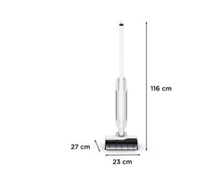 On voit un aspirateur blanc et noir, avec les dimensions de la serpillière