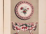 an old book with a picture of a vase and a plate on it