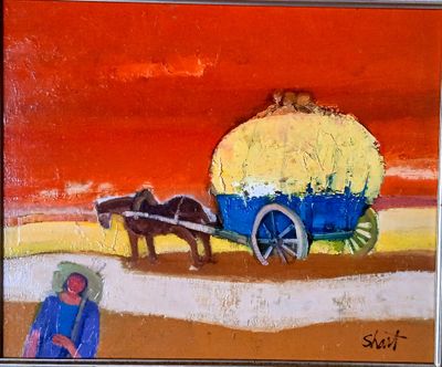 un tableau représentant un chariot tiré par un cheval