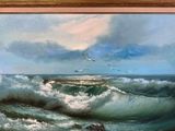 a painting of a large body of water with birds flying over it