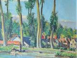 painting of a river scene with houses and trees in the foreground