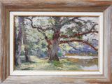 an oil painting of a large tree in a wooded area