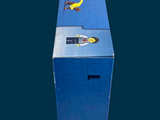 a blue box with legos on it sitting on a table