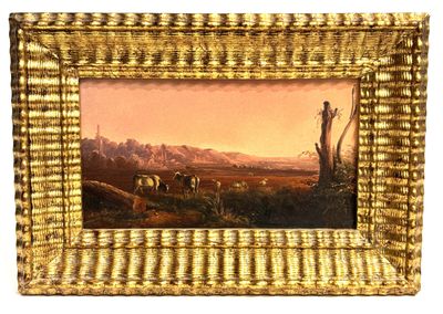 an image of a painting of horses in a field with a mountain in the background