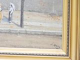 a painting of two people with umbrellas on the street
