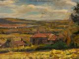 une peinture à l'huile représentant un paysage rural avec des maisons et des arbres
