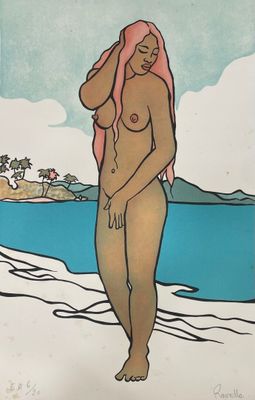 tableau représentant une femme nue debout sur une plage, aux cheveux roses