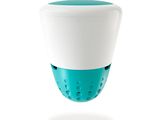 a blue and white cup that is floating in the air