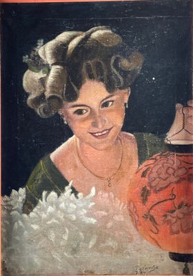 tableau représentant une femme tenant un vase devant un tableau représentant un vase