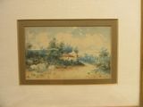 a picture of a painting of a house on a hill