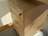 a wooden desk with a computer on top of it