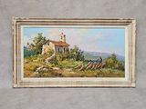 une peinture à l'huile représentant une petite maison sur une colline, avec un homme à cheval