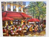 tableau représentant une scène de rue avec des personnes assises à des tables sous des parasols
