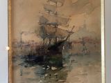 une peinture représentant un bateau sur un plan d'eau