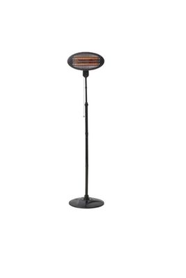 un chauffage de terrasse noir posé sur un support métallique