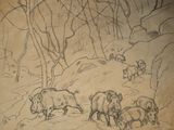 drawing of a herd of sheep grazing in a wooded area