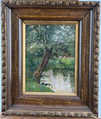 an oil painting of a river scene with a tree and water