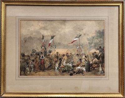 une image représentant un tableau où l'on voit un groupe de personnes debout devant une tente