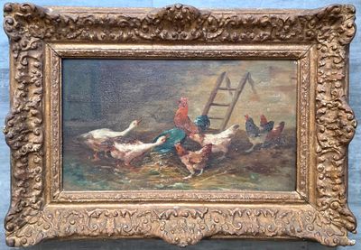 une photo d'un tableau représentant des poulets et une échelle