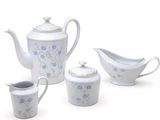 a white and blue tea set with blue flowers on it