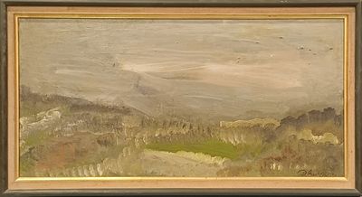 une peinture à l'huile représentant un paysage avec des collines et des arbres au loin