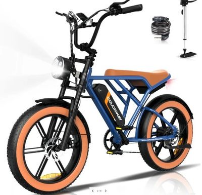 un vélo bleu et orange avec des jantes orange sur fond blanc