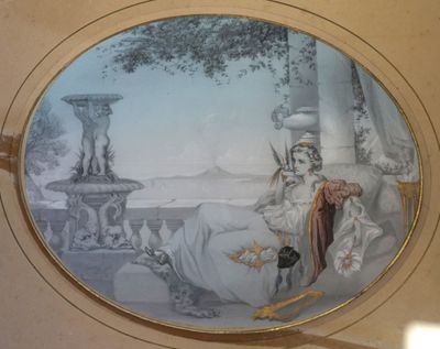 M. LARCY (XIXe). Femme alanguie devant un paysage au volcan.