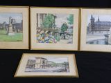 trois photos encadrées représentant une ville avec une tour horloge en arrière-plan