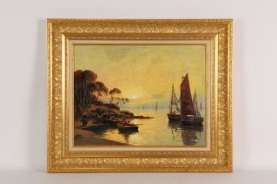 painting of sailboats on the water in a golden frame