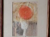 a picture of a picture of a person with a red sun in the background