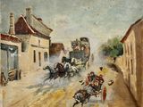 tableau représentant une calèche tirée par des chevaux dans une rue d'une ville