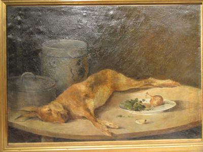 un tableau représentant un chien allongé sur une table, à côté d'une assiette de nourriture