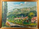 a painting on the wall of a house with a mountain in the background