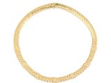 a gold necklace with a braid design on a white background