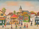 tableau représentant une rue animée où l'on voit des gens se promener et faire leurs courses