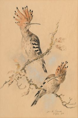 tableau représentant deux oiseaux perchés sur une branche d'arbre